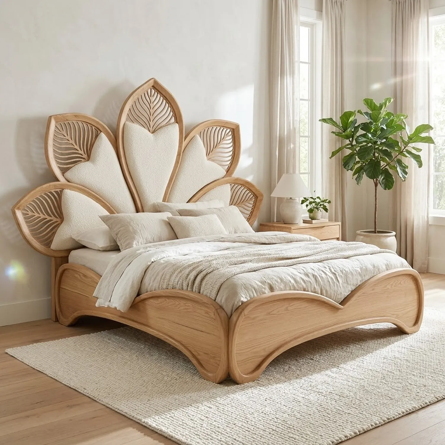 Wood Petal Embrace Bed Botanical Floral Theme Elegant Bedroom Accent