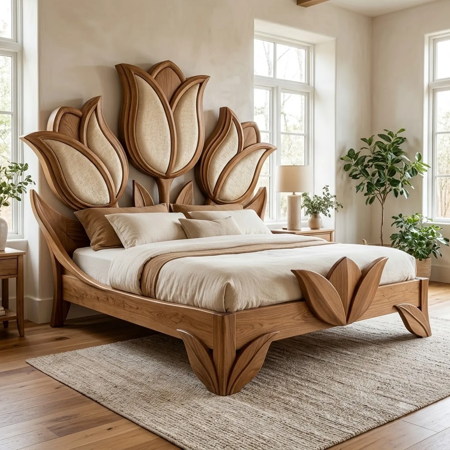 Wood Tulip Throne Bed Botanical Floral Theme Elegant Bedroom Accent